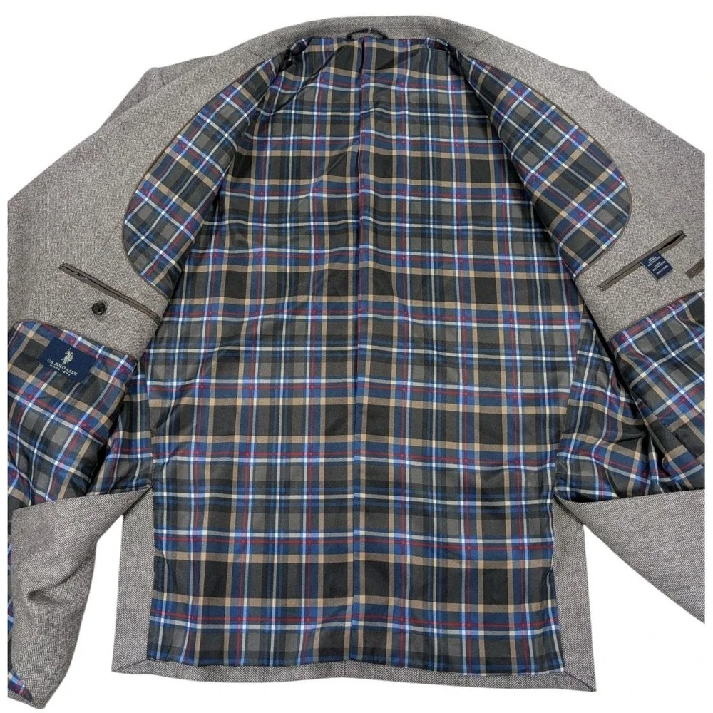 US Polo Assn Herringbone Tweed Blazer Mens 56R Gray Plaid Lined Sport Coat
